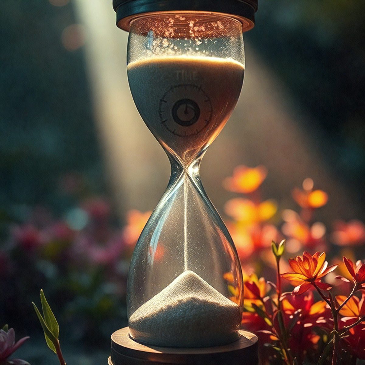 The primary subject of the image is a sand timer, which is a glass clock with sand inside. The sand timer is placed on a table, surrounded by flowers. The setting is an outdoor environment, with a sunny day visible in the background. The visual style of the image is a photo, capturing the details of the sand timer and the flowers. The colors and mood of the image are warm and inviting, with the sunlight creating a bright and cheerful atmosphere.